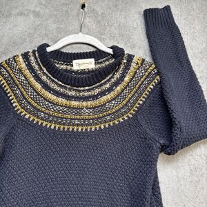 Navy yoke knit sweater womens fair isle style cozy winter pullover size XS